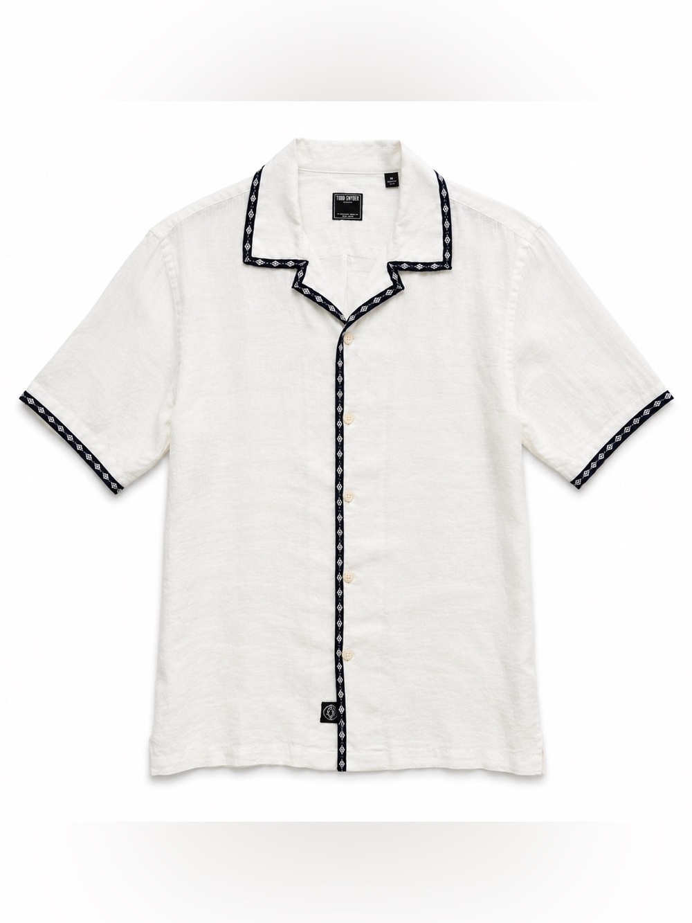 Todd Snyder 100% Linen Camp Collar Shirt White Embroidered Trim Size M
